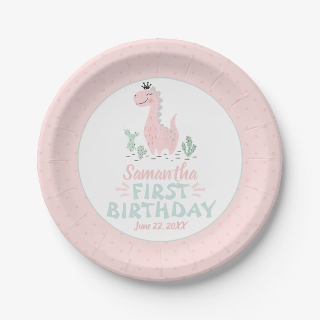 Girl Birthday Watercolor Pink & Turquoise Dinosaur Paper Plate (Front)