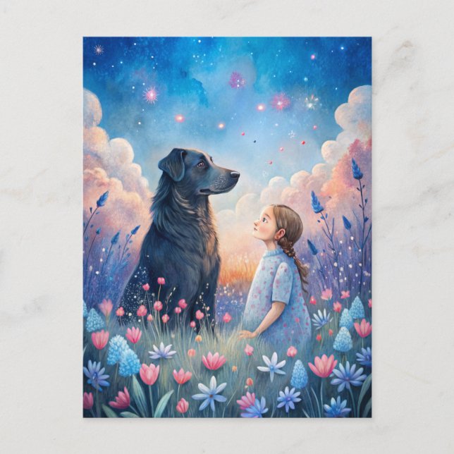 Girl Black Dog Starry Night Sky Postcard (Front)