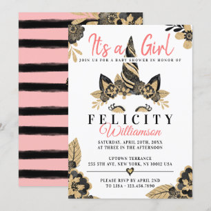 Girl Black Gold Unicorn Baby Shower Invitation