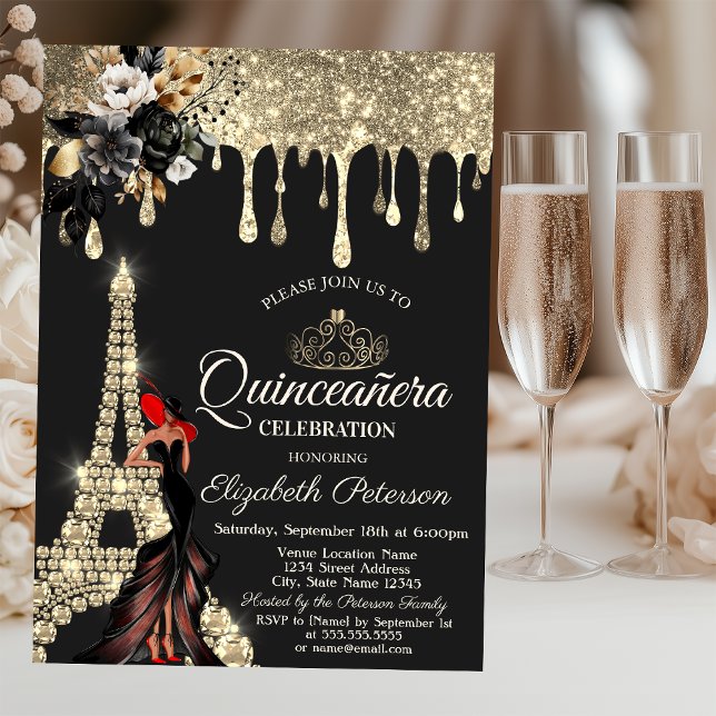Girl Black Roses Eiffel Tower Gold Drips  Invitation (Creator Uploaded)