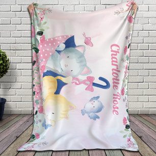 Girl Blanket with Pink Flowers and Cute Kittens