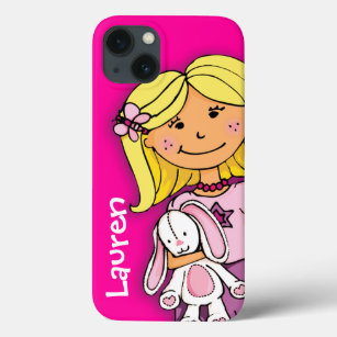 Girl blonde hugging white bunny cuddles pink iPhone 13 case
