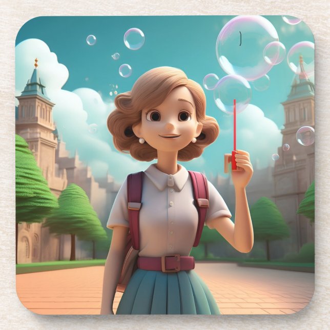 Girl Blowing Bubbles Clouds Coaster Set (Front)