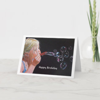 Girl Blowing Bubbles: Original Color Pencil Art Card