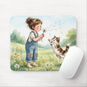 Girl Blowing Dandelion Seedlings with Cat Mouse Mat