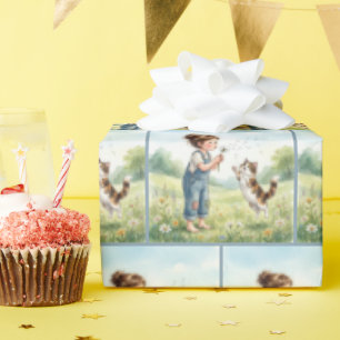 Girl Blowing Dandelion Seedlings with Cat Wrapping Paper