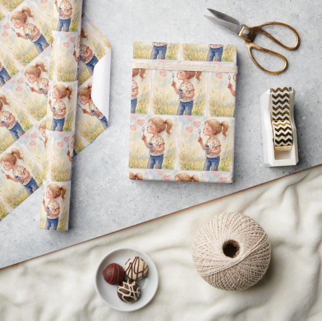 Girl Blowing Heart Bubbles In Watercolor Wrapping Paper (Crafts)