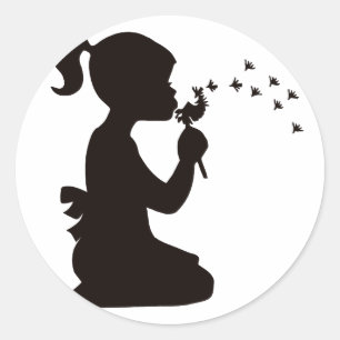 Girl Blowing on Dandelion silhouette Classic Round Sticker