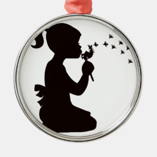 Girl Blowing on Dandelion silhouette Metal Tree Decoration