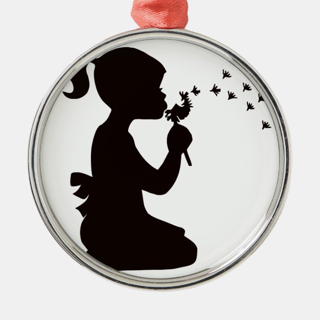 Girl Blowing on Dandelion silhouette Metal Tree Decoration (Front)