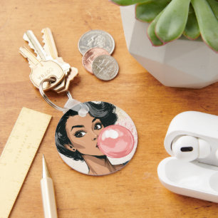 Girl Blowing Pink Bubble Gum Bubble Fun Cute Key Ring