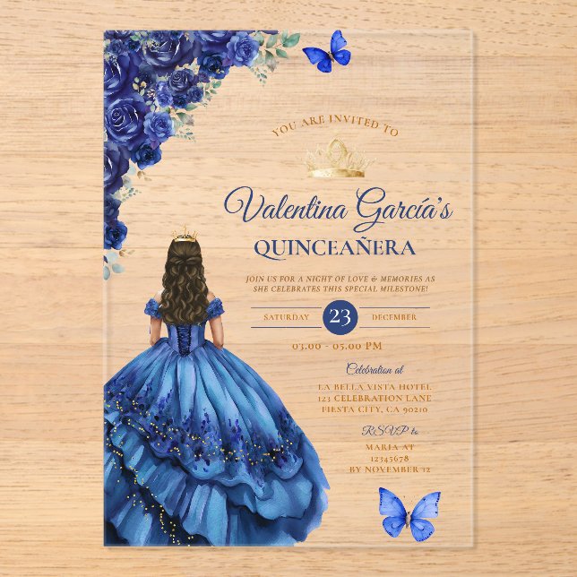 Girl Blue Dress Quinceañera 15 Anos Flowers Gold Acrylic Invitations (Front)