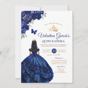 Girl Blue Dress Quinceañera 15 Anos Flowers Gold Invitation