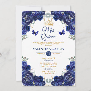 Girl Blue Quinceañera 15 Anos Flowers Gold Crown Invitation