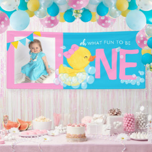 Girl Blue Watercolor Duck Oh What Fun Photo Party Banner