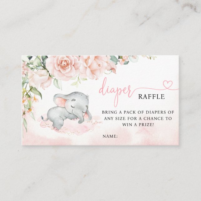 Girl Blush Elephant Baby Shower Diaper Raffle Business Card (Front)