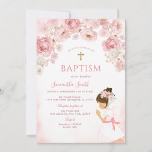 Girl Blush Pink Bow Floral Cross Girl Baptism Invitation