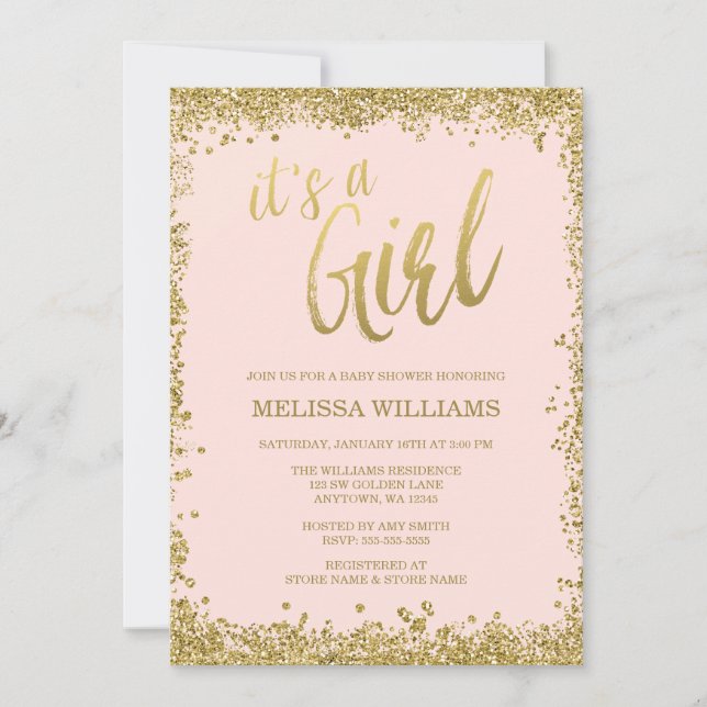 Girl Blush Pink Faux Gold Glitter Baby Shower Invitation (Front)