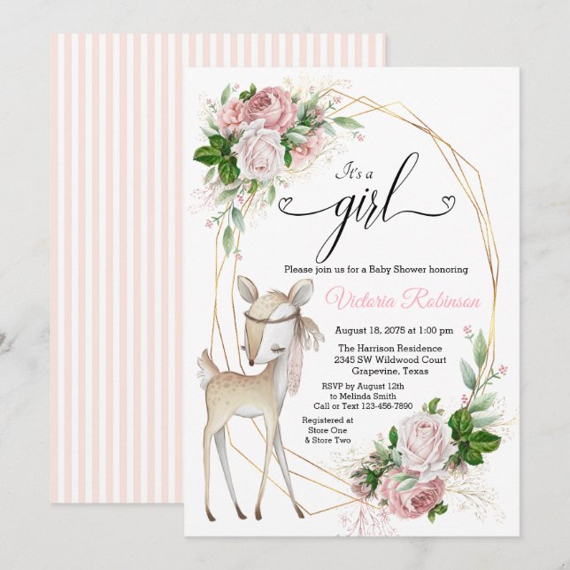 Girl Blush Pink Gold Floral Deer Baby Shower Invitation (Front/Back)