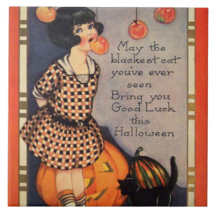 Girl Bobbing For Apples Black Cat Pumpkin Tile