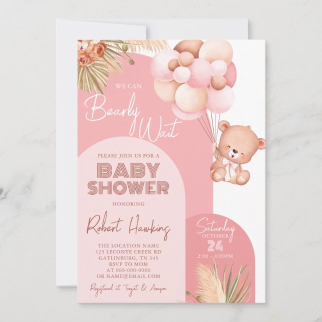 Girl Boho Arch Teddy Bear Bearly Wait Baby Shower Invitation (Front)