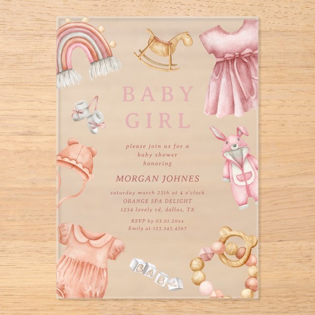 Girl Boho Clothes Nursery Baby Shower Acrylic Invitations (Front)