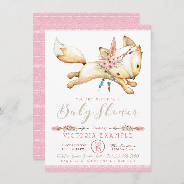 Girl Boho Fox Baby Shower Invitations (Front/Back)