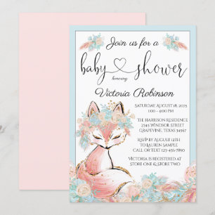 Girl Boho Fox Pink Teal Gold Baby Shower Invitation
