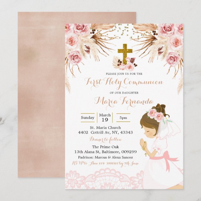 Girl Boho Pampas Floral first communion Invitation (Front/Back)