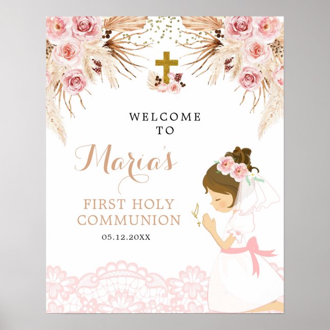 Girl Boho Pampass First Communion Welcome Sign (Front)