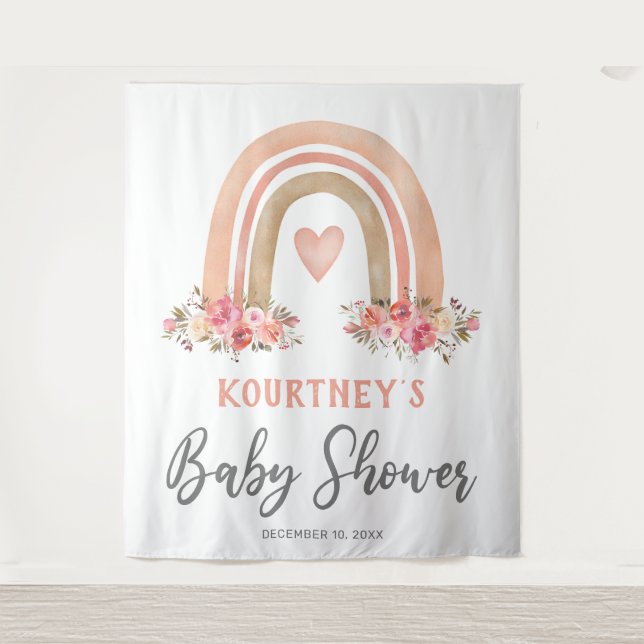 Girl Boho Rainbow Baby Shower Tapestry (Front)