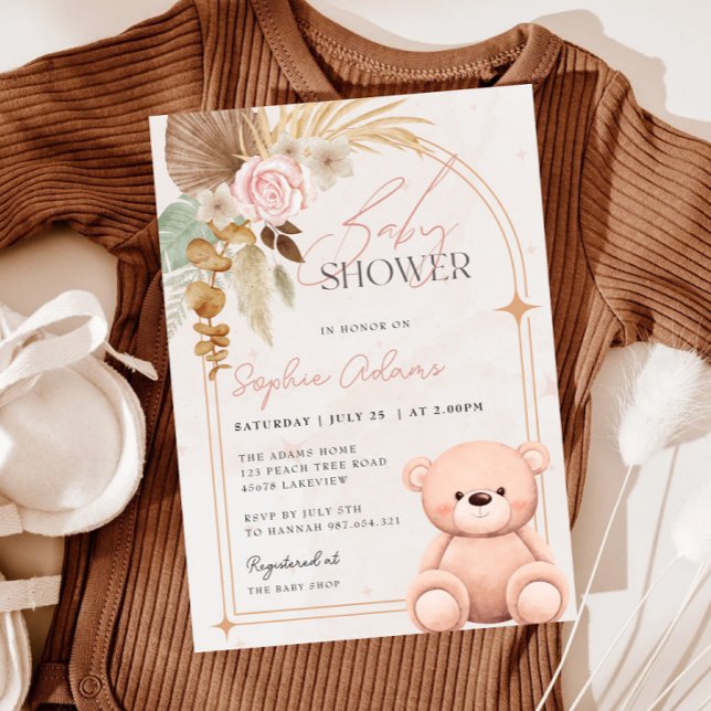 Girl Boho Teddy Bear Pink Baby Shower Invitation (Creator Uploaded)
