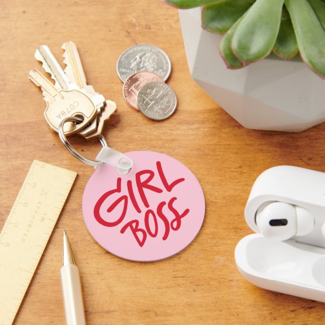 Girl Boss Bold Typography Red & Pink Feminine Key Ring (Desk)