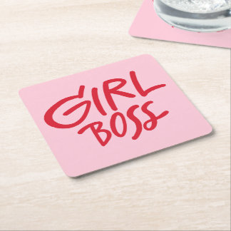 Girl Boss Bold Typography Red & Pink Feminine Square Paper Coaster