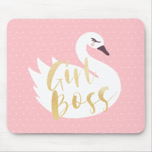 Girl Boss   Chic Girly White Swan & Polka Dot Mouse Mat