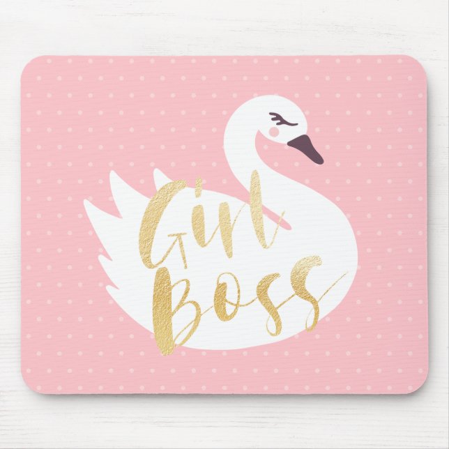 Girl Boss | Chic Girly White Swan & Polka Dot Mouse Mat (Front)