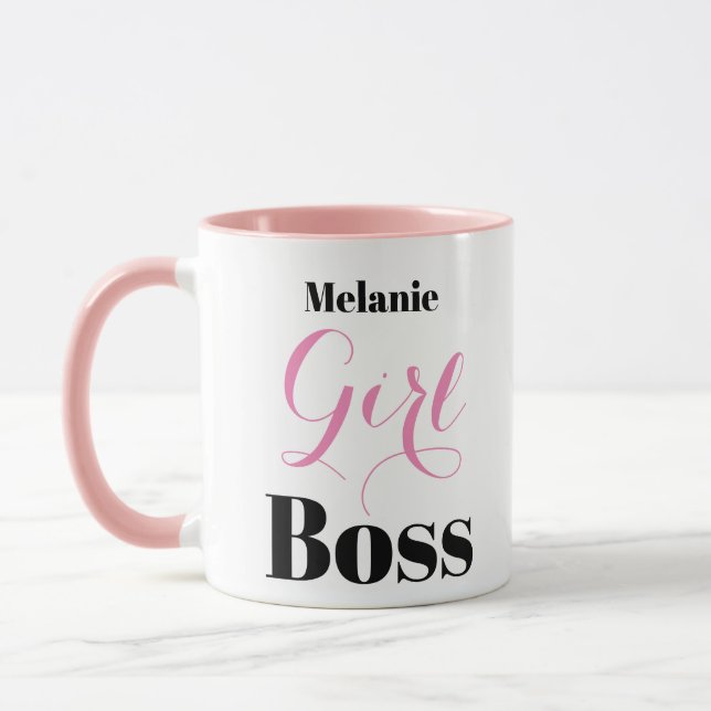 Girl Boss Elegant Script Pink Black Personalised Mug (Left)
