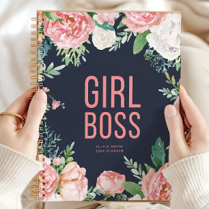 Girl Boss Navy And Pink Floral Personalised Planner