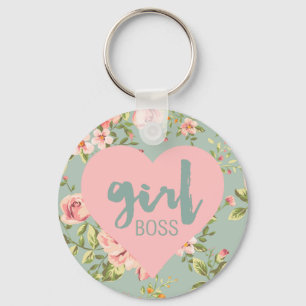 Girl Boss Pink and Blue Floral Heart Pattern Key Ring