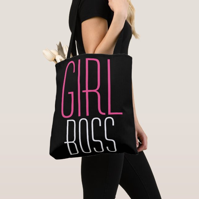 Girl Boss Trendy Typography Pink White On Black Tote Bag (Close Up)
