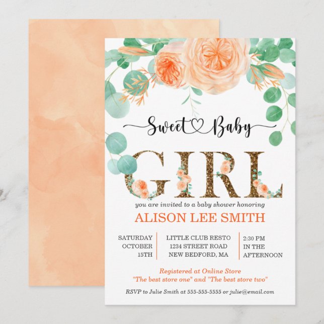 Girl Botanical teal and orange Baby Shower (Front/Back)