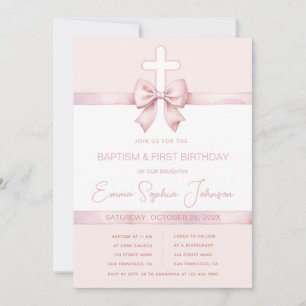 Girl Bow Baptism First Birthday Pink Ribbon Cross Invitation