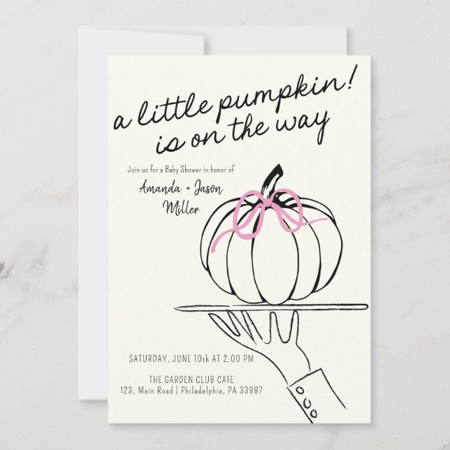 Girl Bow Fall Baby Shower Pumpkins hand drawn Save The Date (Front)