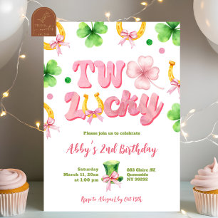 Girl Bow Glitter Two Lucky St Patrick 2nd Birthday Invitation