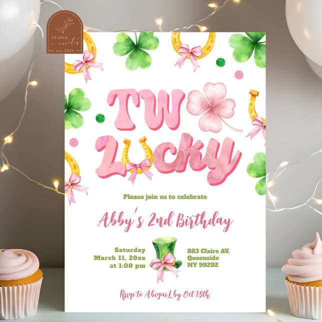 Girl Bow Glitter Two Lucky St Patrick 2nd Birthday Invitation (Creator Uploaded)