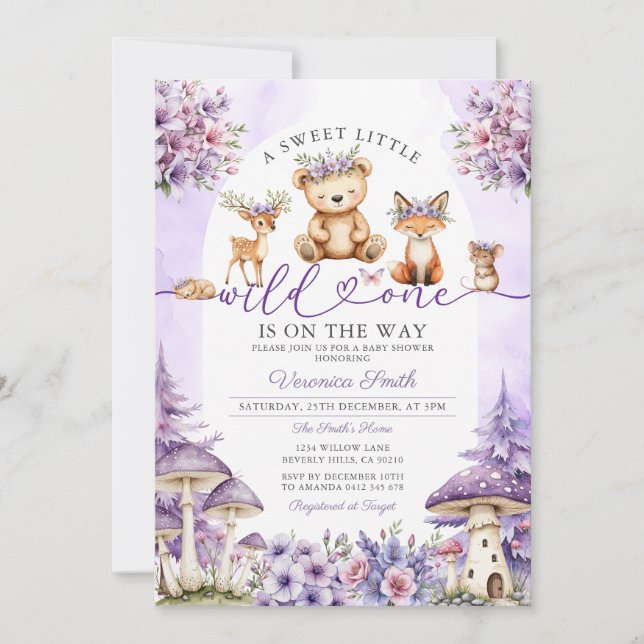 Girl Bow Purple Deer Woodland Wild One Baby Shower Invitation (Front)