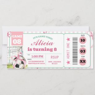 Girl Bow Soccer Birthday Ticket Invitation