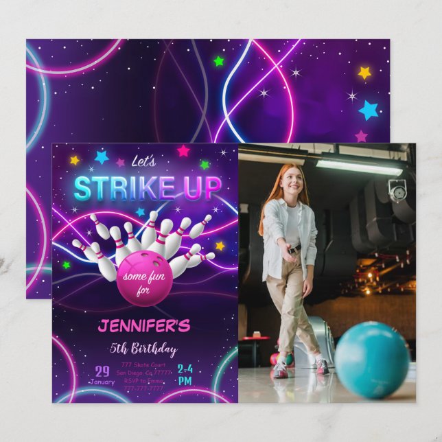 Girl Bowling Birthday Photo Invitation (Front/Back)