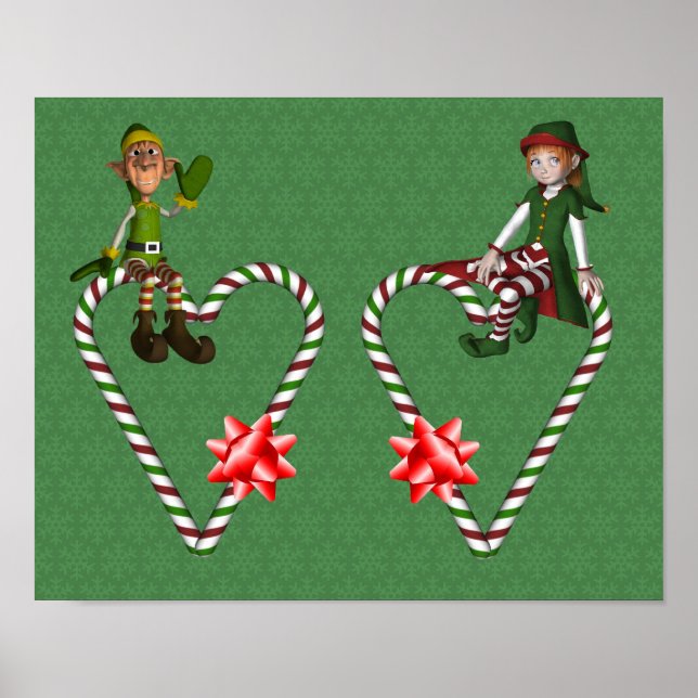 Girl Boy Elf Candy Cane Hearts Christmas Holiday Poster (Front)