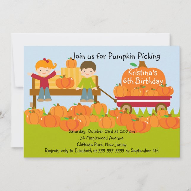 Girl Boy Pumpkin Picking Birthday Party Invitation (Front)